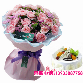 鲜花蛋糕组合，19枝粉色康乃馨，配花搭配，+8寸水果蛋糕